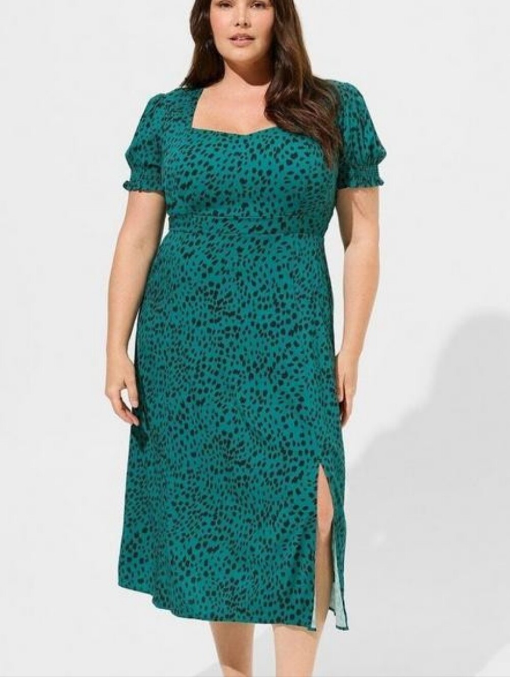 Torrid Tea Length Stretch Challis Sweetheart A-line Dress Leopard Print Teal 2